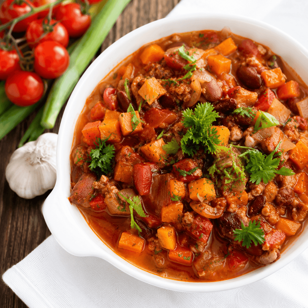 Kom chili met zoete aardappel, rundgehakt en jalapeño als gezond comfortfood gerecht.